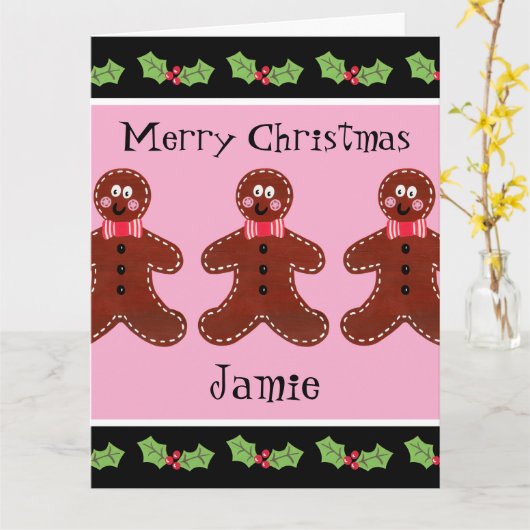 可愛パーソナライズされたいクリスマスジンジャーブレッドマン カード (黄色い花)