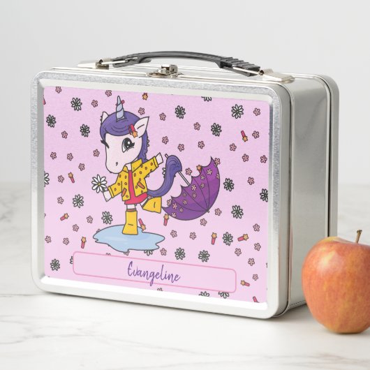 可愛パーソナライズされたいシンプルフローラユニコーン メタルランチボックス (インサイチュ)