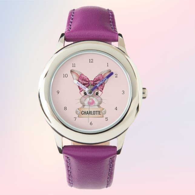 可愛パーソナライズされたいバニーキッズウォッチ – 名前をカスタムする 腕時計 (Personalized Cute Bunny Kids' Watch – Custom Name)