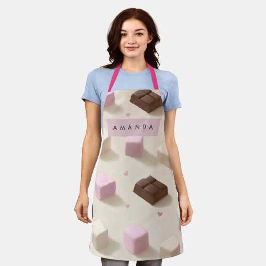 可愛パーソナライズされたいパステルチョコレートとマシュマロ エプロン (着用した状態)