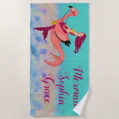 可愛パーソナライズされたいパープルマーメイド&ピンクメルミンゴ ビーチタオル (正面)