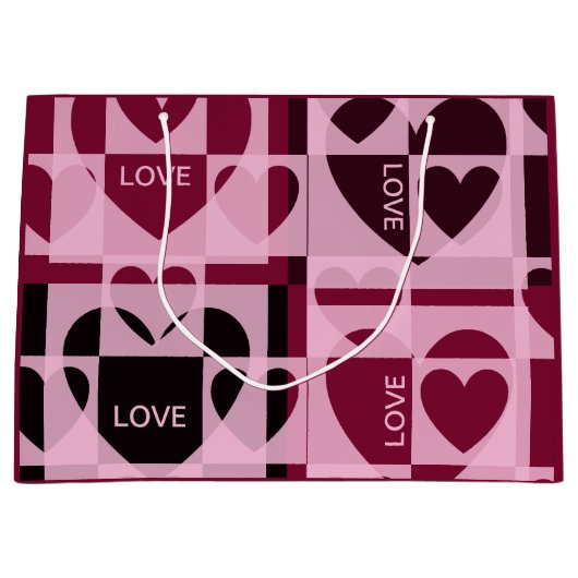 可愛パーソナライズされたいピンクとワインの赤いハート ラージペーパーバッグ (正面)