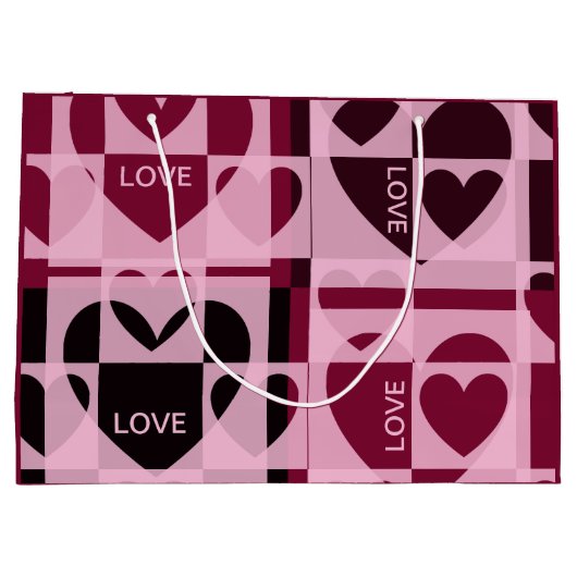 可愛パーソナライズされたいピンクとワインの赤いハート ラージペーパーバッグ (裏面)