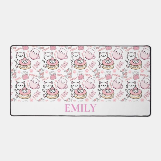 可愛パーソナライズされたいピンクと白の猫デスクマット デスクマット (正面)