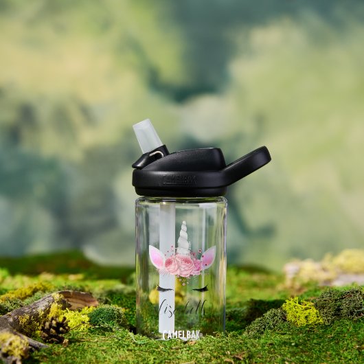 可愛パーソナライズされたいピンクのキッズユニコーン ウォーターボトル (アウトドア)