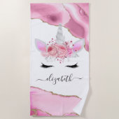 可愛パーソナライズされたいピンクのキッズユニコーン ビーチタオル (正面)