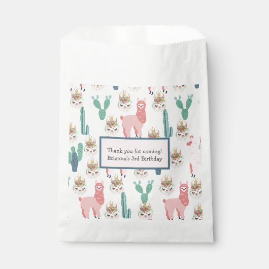 可愛パーソナライズされたいピンクのラマと緑のサボテン フェイバーバッグ (正面)