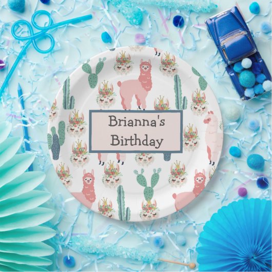 可愛パーソナライズされたいピンクのラマと緑のサボテン ペーパープレート (パーティー)