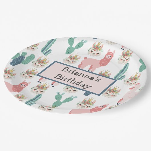 可愛パーソナライズされたいピンクのラマと緑のサボテン ペーパープレート (アングル)