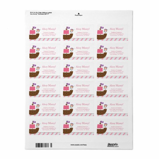 可愛パーソナライズされたいピンクの女の子の海賊住所 シール (フルシート)