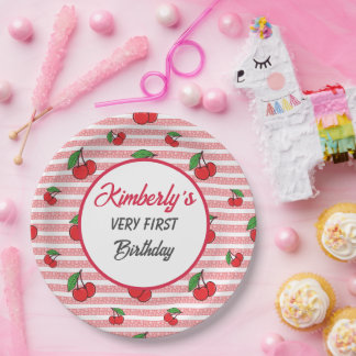 可愛パーソナライズされたいピンクストライプさくらんぼ ペーパープレート