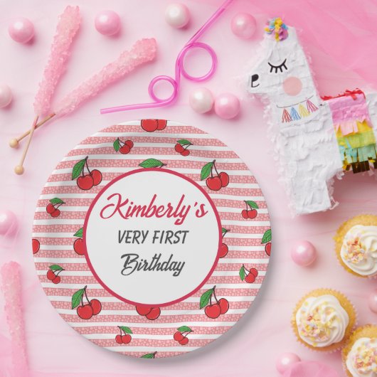 可愛パーソナライズされたいピンクストライプさくらんぼ ペーパープレート (パーティー)