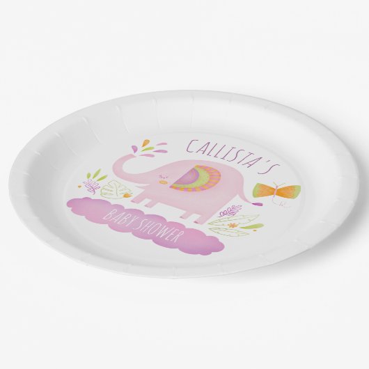可愛パーソナライズされたいピンク象の赤ちゃんシャワー ペーパープレート (アングル)