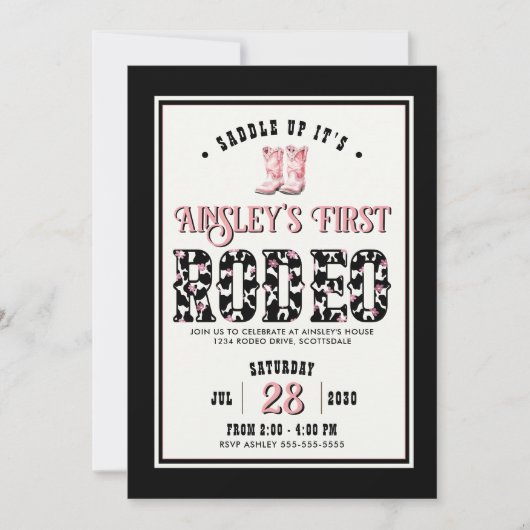 可愛パーソナライズされたいファーストロデオ女子1歳の誕生日 招待状 (正面)