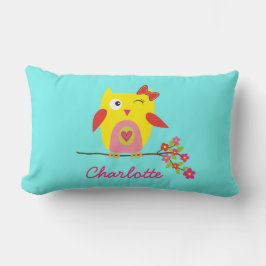 可愛パーソナライズされたいフクロウ黄色ピンクの花 ランバークッション