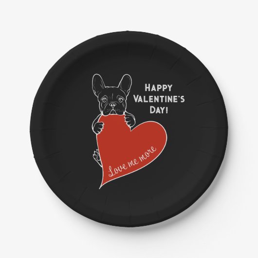 可愛パーソナライズされたいフランス犬と赤いハート ペーパープレート (正面)