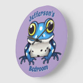 可愛パーソナライズされたいブルー水玉模様壁時計 ラージ壁時計 (傾斜)