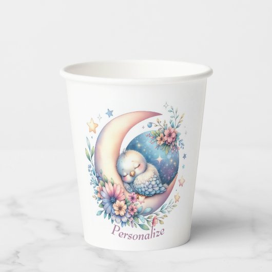 可愛パーソナライズされたいベビーの鳥が月に眠る 紙コップ (裏面)