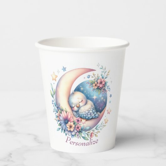 可愛パーソナライズされたいベビーの鳥が月に眠る 紙コップ (正面)
