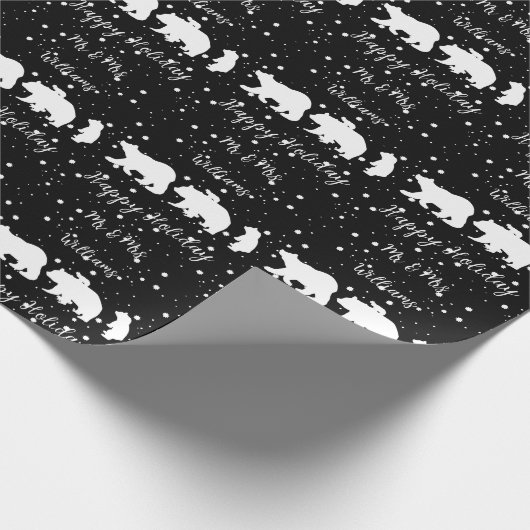 可愛パーソナライズされたいホッキョクグマ家族ブラック ラッピングペーパー (角)