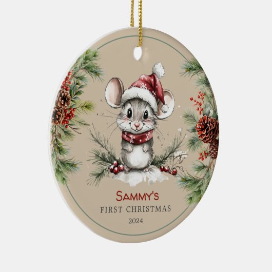可愛パーソナライズされたいマウスベビーの初めてのクリスマス セラミックオーナメント (右)