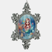 可愛パーソナライズされたいマーメイド海フォトウォーターカラー スノーフレークピューターオーナメント (左)