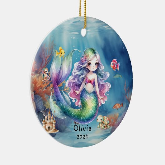 可愛パーソナライズされたいマーメイド海フォトウォーターカラー セラミックオーナメント (右)