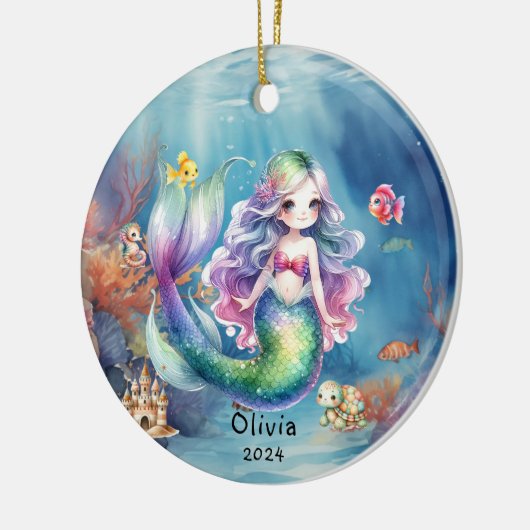 可愛パーソナライズされたいマーメイド海フォトウォーターカラー セラミックオーナメント (左)