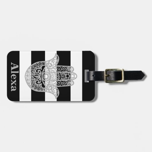 可愛パーソナライズされたいラッキーなハムサの手ストライプ型 ラゲッジタグ (正面横)