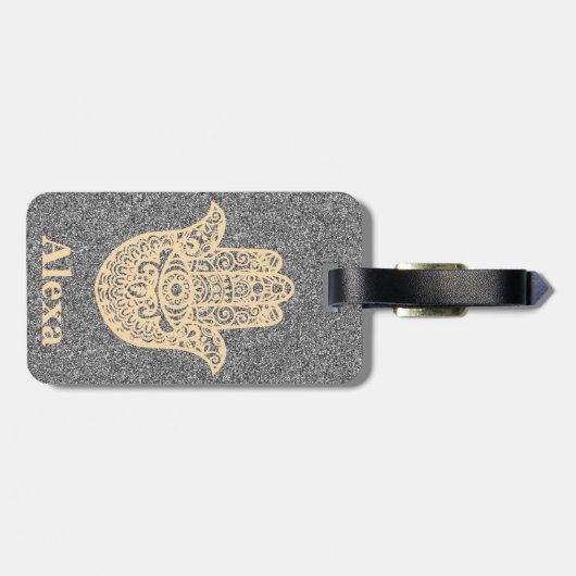 可愛パーソナライズされたいラッキーハムザハンドグリッターシルバー ラゲッジタグ (裏面横)