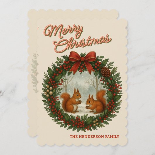 可愛パーソナライズされたいリスのレトロリース シーズンカード (正面/裏面)