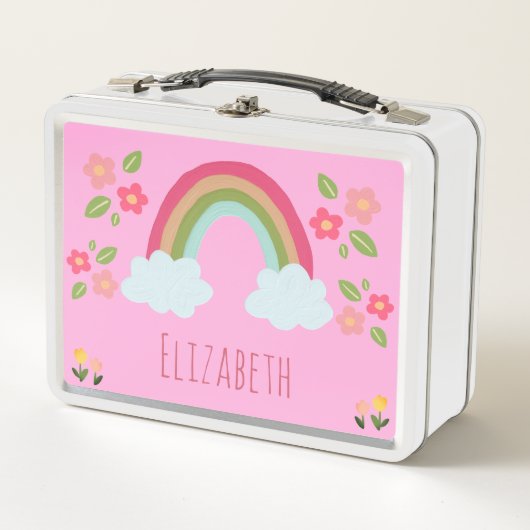 可愛パーソナライズされたいレインボーガールピンク学校 メタルランチボックス (正面)