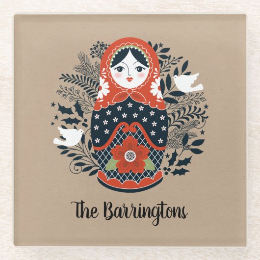 可愛パーソナライズされたいロシアの営巣人形 ガラスコースター (正面)