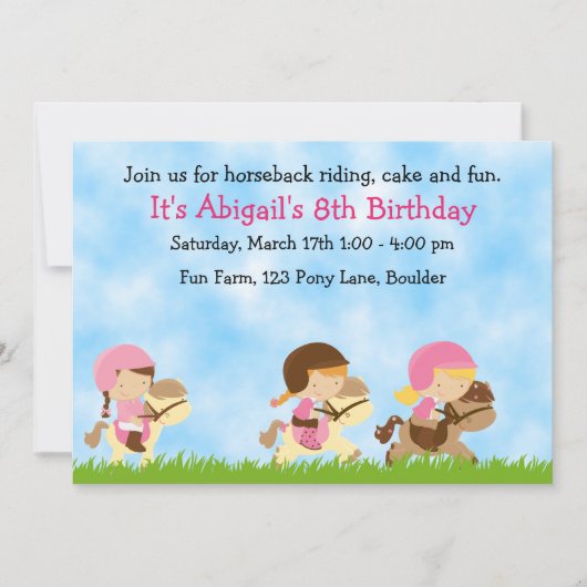 可愛パーソナライズされたい乗馬ガールズ誕生日 招待状 (正面)