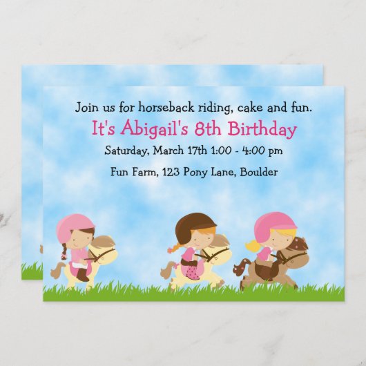可愛パーソナライズされたい乗馬ガールズ誕生日 招待状 (正面/裏面)