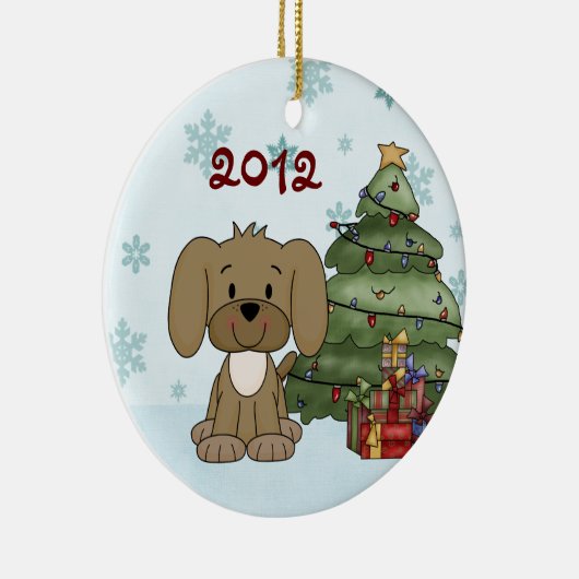 可愛パーソナライズされたい子犬ベビーの第1クリスマス セラミックオーナメント (右)
