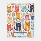 可愛パーソナライズされたい子猫と花柄 フリースブランケット (正面)