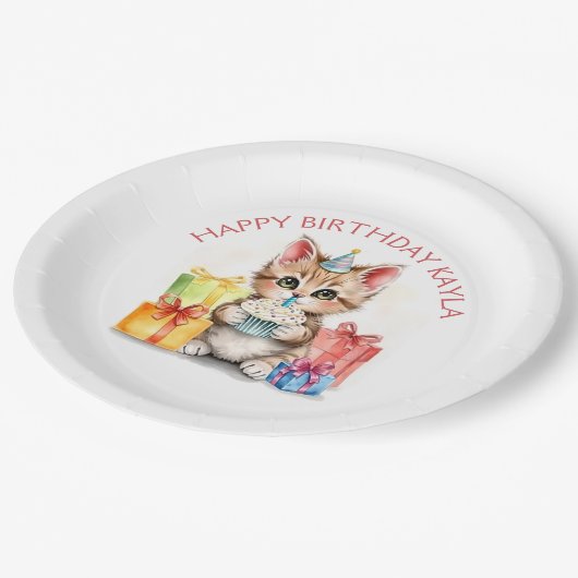 可愛パーソナライズされたい子猫の誕生日帽子 ペーパープレート (アングル)