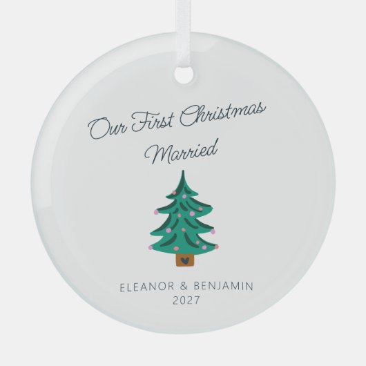 可愛パーソナライズされたい木の初めてのクリスマス結婚した ガラスオーナメント (正面)