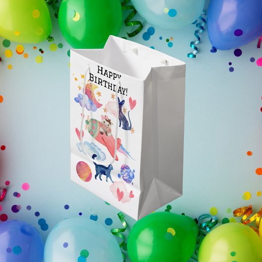 可愛パーソナライズされたい牛宇宙猫月お洒落 ミディアムペーパーバッグ