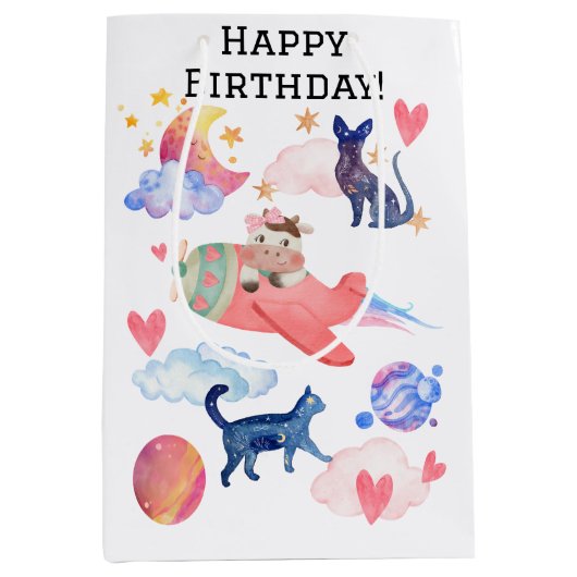 可愛パーソナライズされたい牛宇宙猫月お洒落 ミディアムペーパーバッグ (正面)