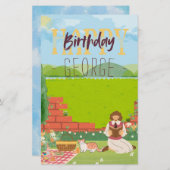 可愛パーソナライズされたい猫時代のピクニック誕生日の願い 便箋 (正面/裏面)