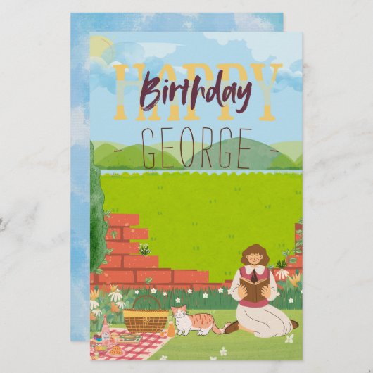 可愛パーソナライズされたい猫時代のピクニック誕生日の願い 便箋 (正面/裏面)