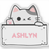 可愛パーソナライズされたい白猫グレイ猫の名前シール シール (正面)