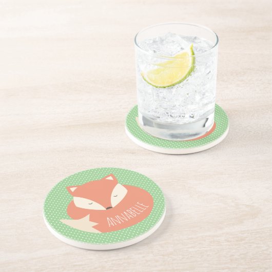 可愛パーソナライズされたい眠りキツネと水玉模様 コースター (側面)