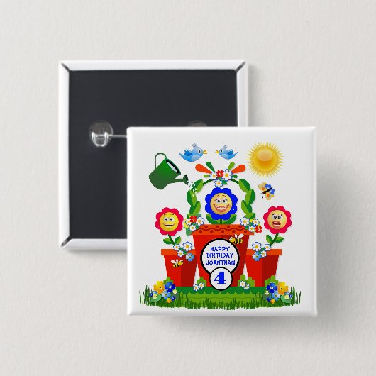 可愛パーソナライズされたい絵文字フラワーキッドズ誕生日 缶バッジ (正面&裏面)