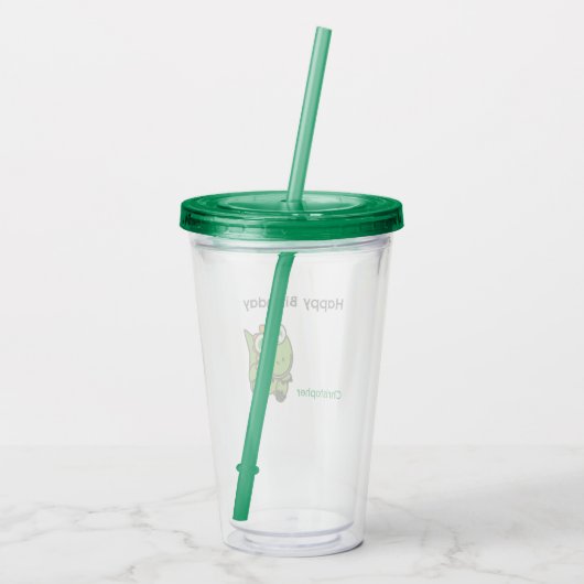 可愛パーソナライズされたい緑の恐竜の青い誕生日 アクリルタンブラー (裏面)