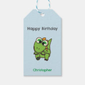 可愛パーソナライズされたい緑の恐竜の青い誕生日 ギフトタグ (正面)
