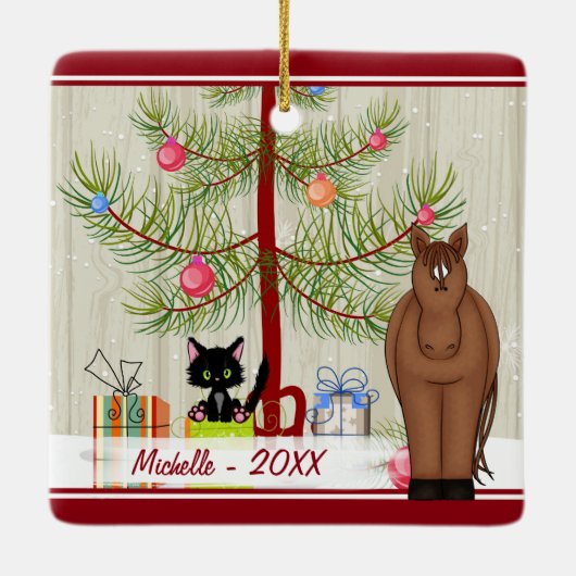 可愛パーソナライズされたい茶色の馬と子猫のクリスマス セラミックオーナメント (裏面)