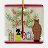 可愛パーソナライズされたい茶色の馬と子猫のクリスマス セラミックオーナメント (正面)